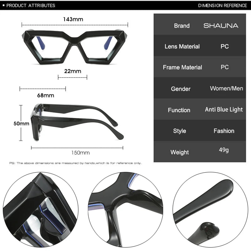 SHAUNA Fashion Polygon Cat Eye Women Glasses Frame Spring Hinge Men Clear Anti-Blue Light Leopard Optical Frame