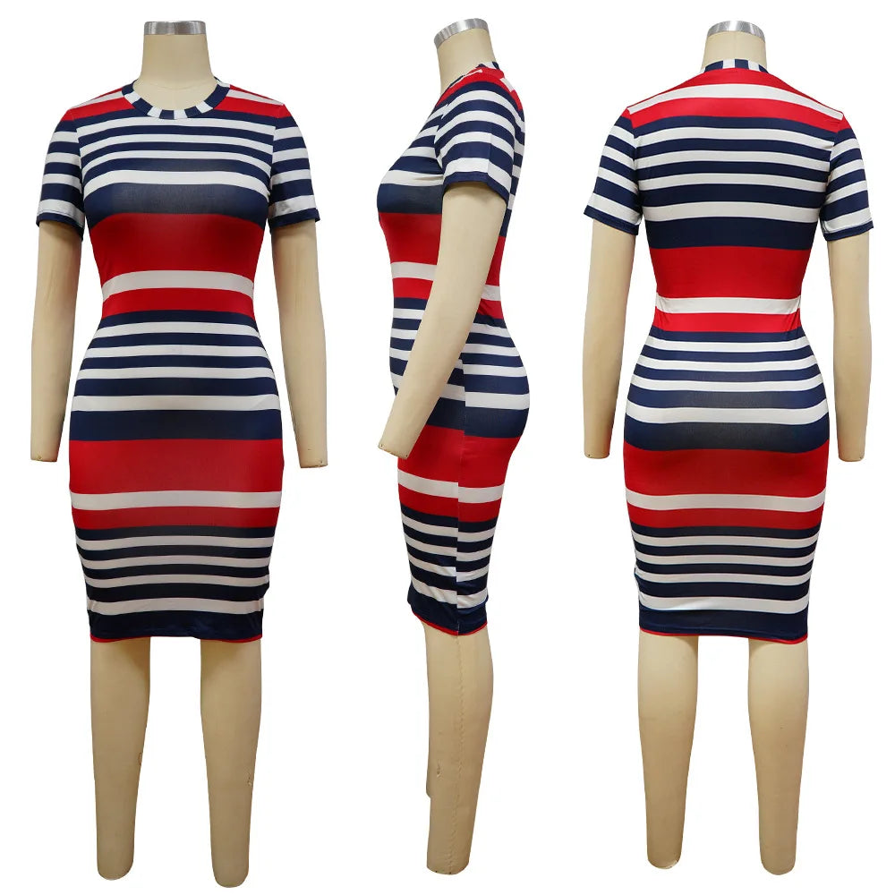 Causal Women 2024 Crew Neck Striped Short Sleeve Dress Office Ladies Dresses For Women Robe Femme