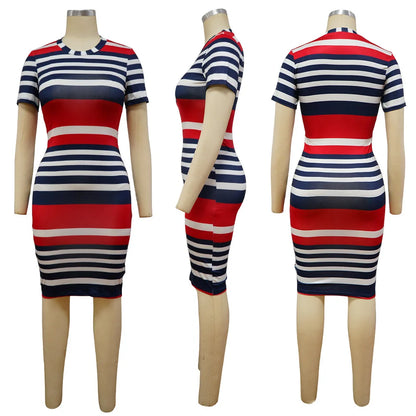 Causal Women 2024 Crew Neck Striped Short Sleeve Dress Office Ladies Dresses For Women Robe Femme