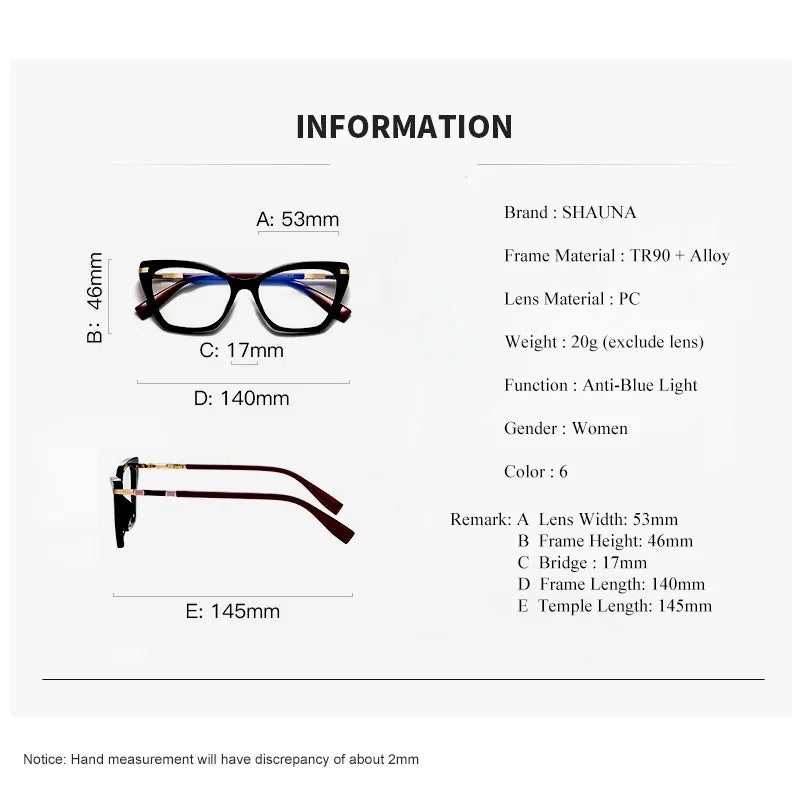 SHAUNA Anti-Blue Light Spring Hinge TR90 Fashion Women Cat Eye Optical Glasses Frames