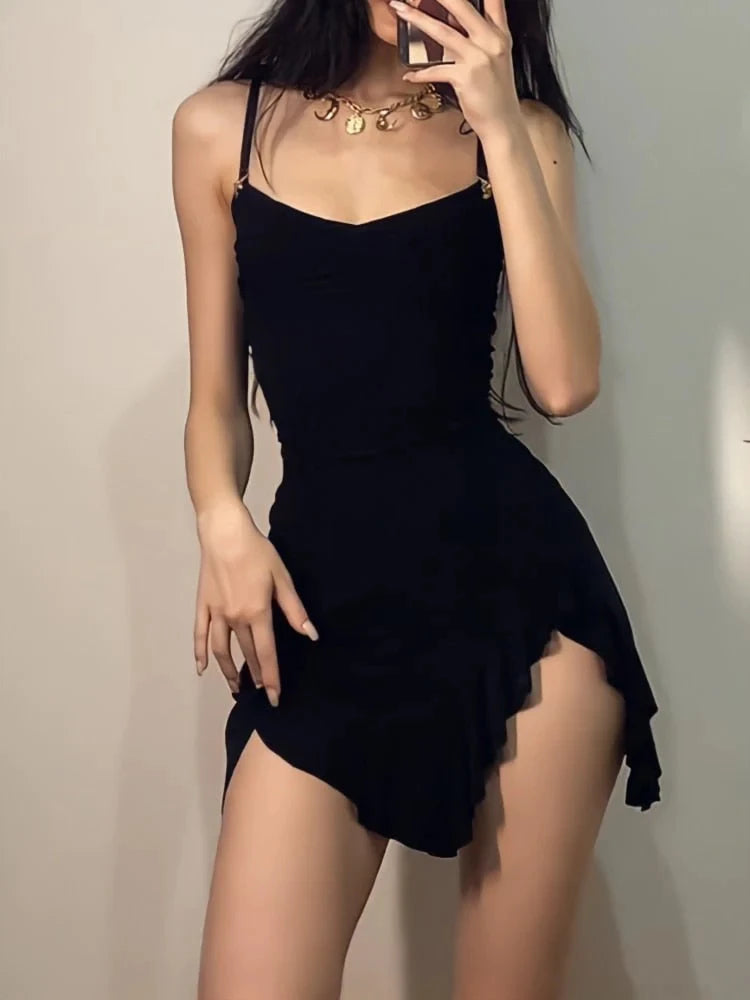 Women Sexy Side Slit Ruffled Mini Dress Sleeveless Spaghetti Strap Dress for Parties and Clubs Solid Pull Cord Separate Dress