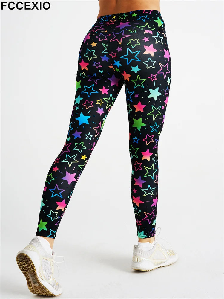 FCCEXIO Sexy New Many Colorful Stars Print Women's Sports Leggings High Waist Running Tght Fitness Workout Yoga Gym Pants