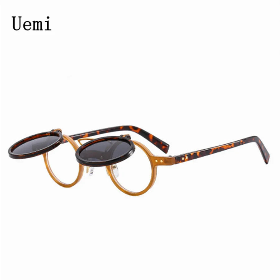 Neue Retro-Punk-Doppelklappen-Sonnenbrille mit runder Fassung für Damen und Herren, modische Sonnenbrille mit Leoparden-Rahmen, UV400-Nieten-Brille