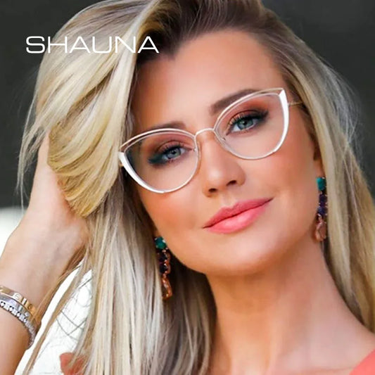 SHAUNA Spring Hinge Fashion Metal Half Frame Women Cat Eye Optical Frames Anti Blue Light Computer Glasses