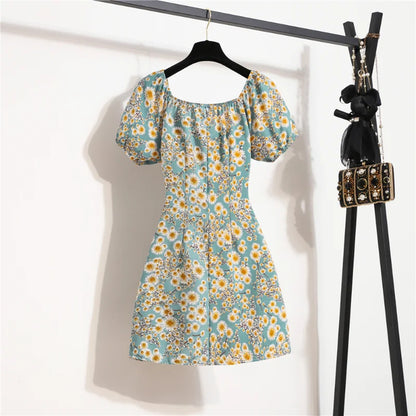 Robe mini pour femme, tenue d'été à la mode, en mousseline de soie, à imprimé floral, froncée, manches courtes bouffantes, décontractée