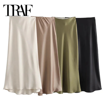 Jupe en satin TRAF Woman 2024 pour femmes, jupes longues taille haute pour femmes, jupe mi-longue noire d'été, jupes élégantes pour femmes au bureau