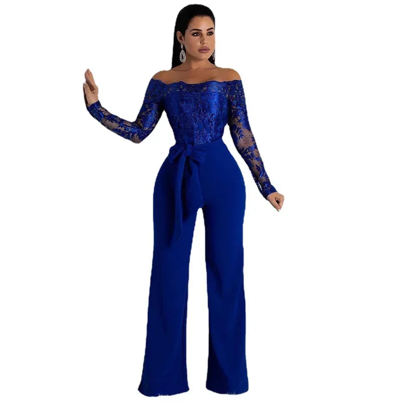 Appliques Lace Patchwork Jumpsuit Women Sexy Off Shoulder Slash Neck Long Sleeve Elegant Wide Leg Pants Jumpsuit Party Overalls