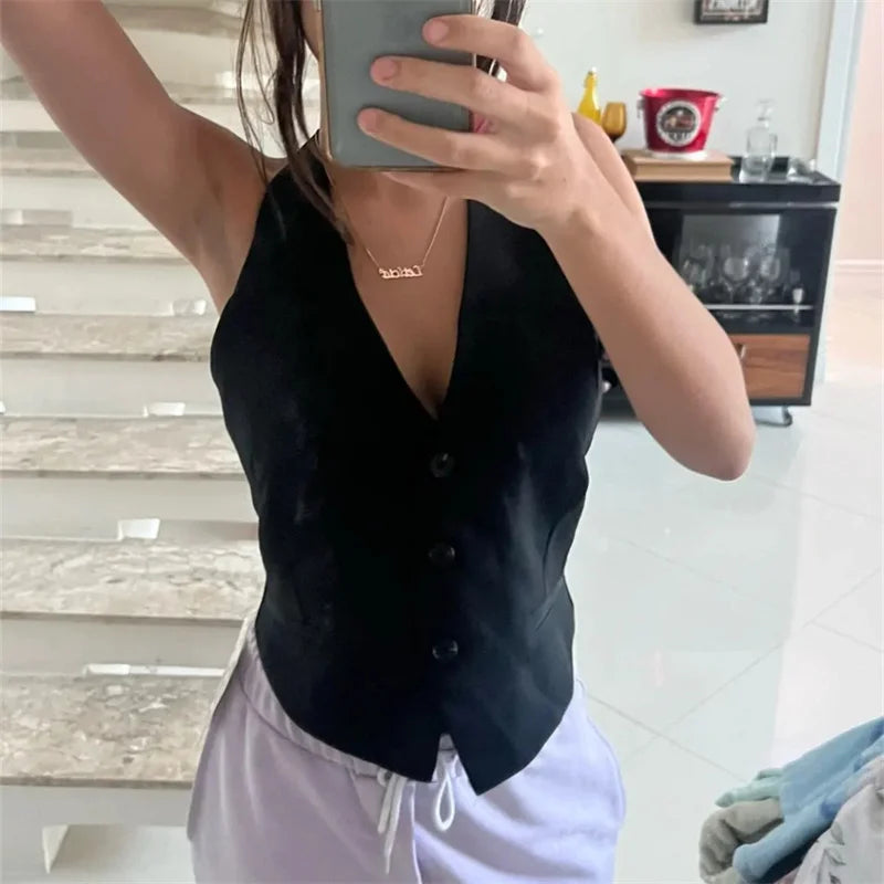 ONKOGENE Off-Shoulder Sleeveless Weste Frauen Schwarz Weiß Gestellte Weste Frau Mode Rückenfreies V-Ausschnitt Kurze Mäntel Sommer Weste