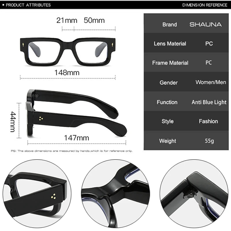 SHAUNA Square Women Wide Legs Glasses Frame Clear Anti-Blue Light Eyewear Optical Men Retro Rivets Decoration Frame