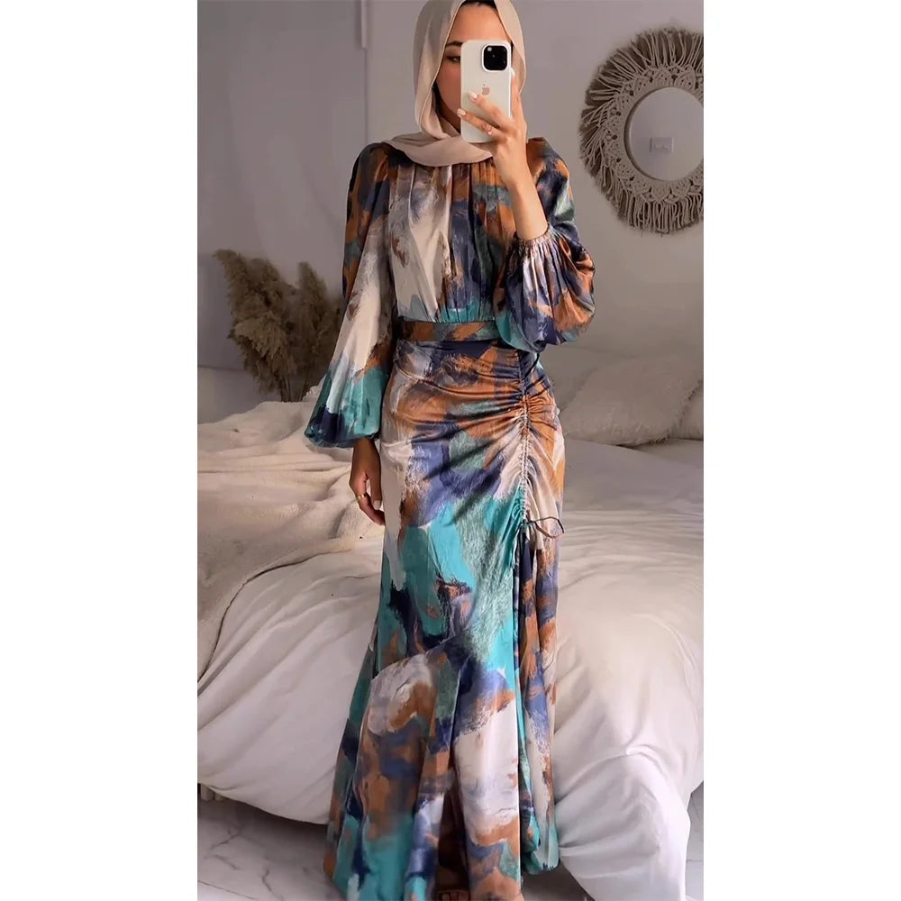 Colorful Printed Pleated Dress Women Half High Collar Long Lantern Sleeves Dresses Female Fashion Drawstring Slim Commuter Robe