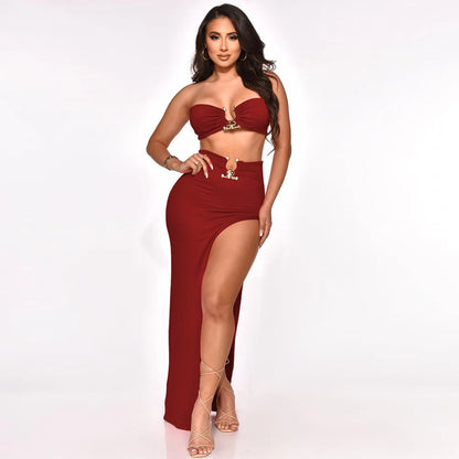 Women Two Piece Set Solid Color Breast Wrap Top and Irregular Slit Long Skirt Suit Lady Streetwear Mini Skirt Club Party Outfits