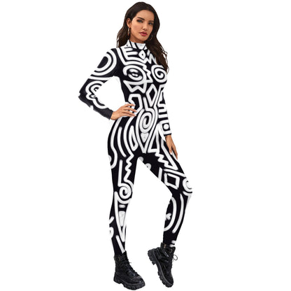 FCCEXIO Geometry Print Holiday Party Bodysuit Women Jumpsuit Carnival Party Stretch Casual Wear Cosplay Costume Sexy Jumpsuit