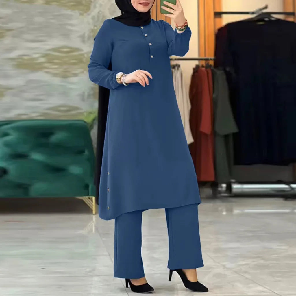 Ensemble deux pièces pour femmes musulmanes, mode élégante, couleur unie, chemise longue irrégulière, haut, pantalon à jambes larges, robe Abaya, femme musulmane, Dubaï