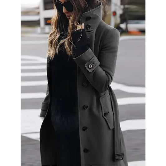 Autumn Winter New Woolen Coat Women's Slim Fit Cardigan Large Coat Women Long Sleeve Single Breasted Stand Collar Woolen Coat