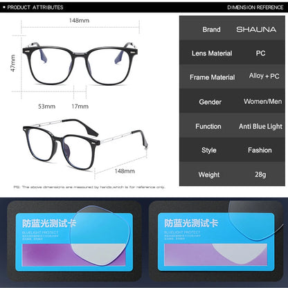 SHAUNA Retro Square TR90 Metal Glasses Frame Women Fashion Clear Anti-blue Light Eyewear Men Optical Rivets Frames