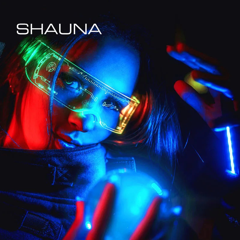 SHAUNA Sense of Future Science Technology LED Luminous Glasses Ins Popular Punk Goggles Party Christmas Colorful Light Shades