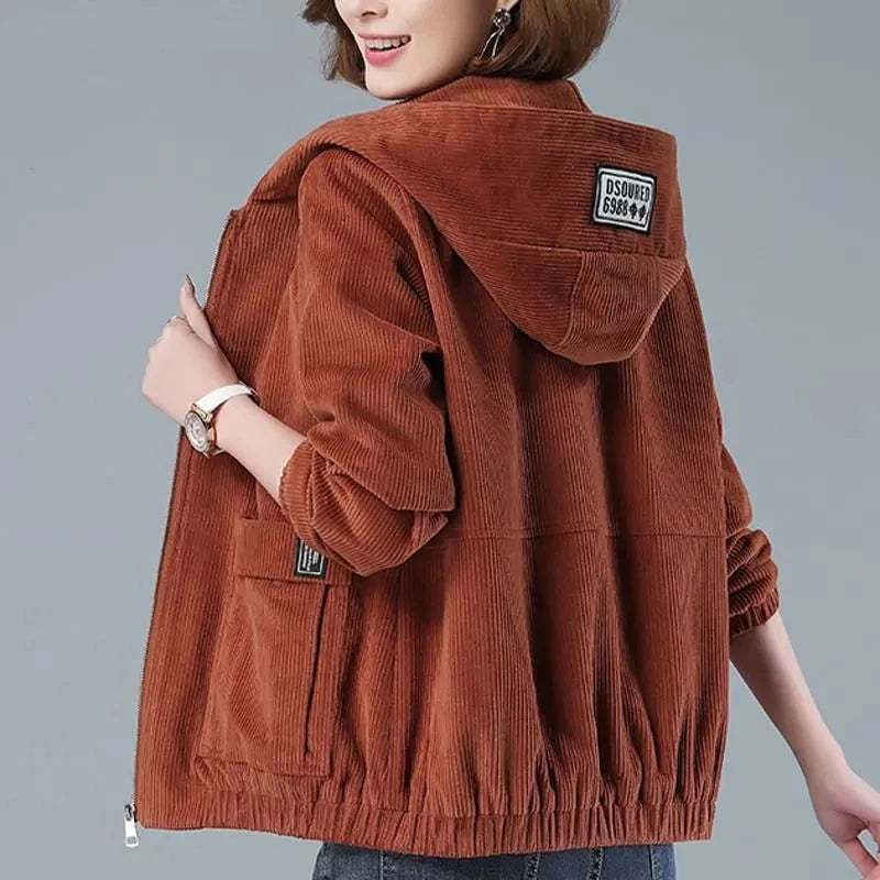 Corduroy Short Coat 5XL Women's 2024 Spring Autumn New Korean Loose Solid Hooded Jacket Fashion Casual Female Zipper Coat Tops