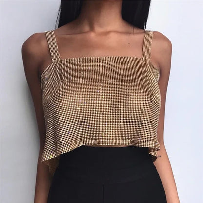 Haut court de fête à strass bling 2024 Mode solide bretelles dos nu diamants paillettes haut court camisole pour femmes