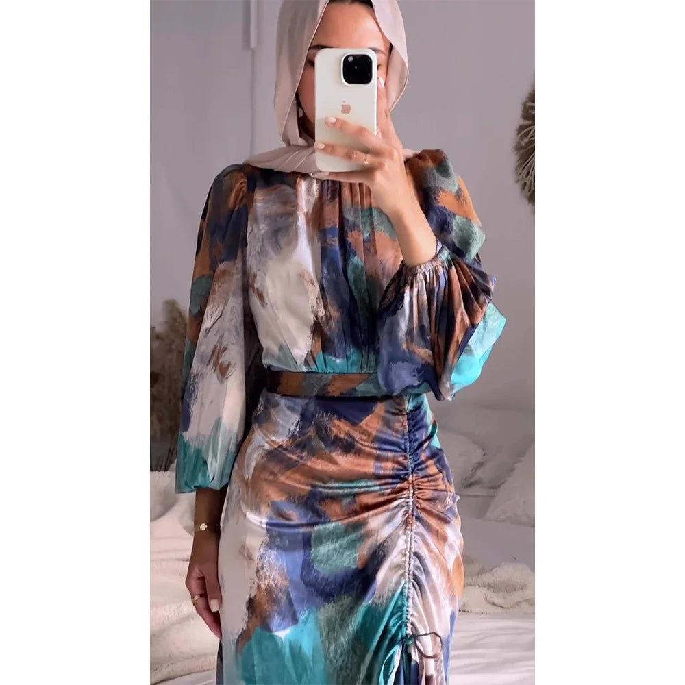 Colorful Printed Pleated Dress Women Half High Collar Long Lantern Sleeves Dresses Female Fashion Drawstring Slim Commuter Robe