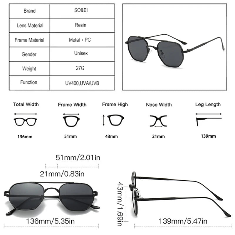 SHAUNA Retro Doppelstege Polygon Quadrat Metall Herren Sonnenbrille Mode Farbverlauf Shades UV400 Trendy Damen Sonnenbrille