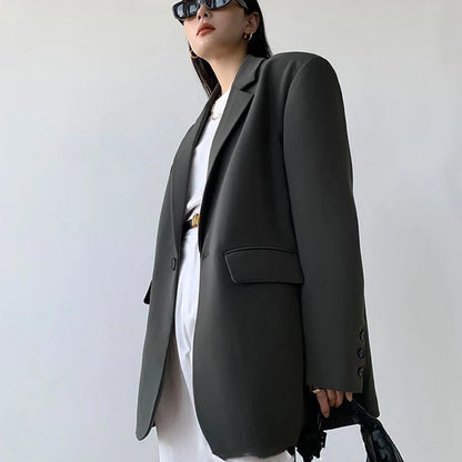 Black Suit Jacket Women Loose Straight Long Sleeve Spring Fall  Fashion Outwear Basic Simple Korean Office Lady High Street Coat