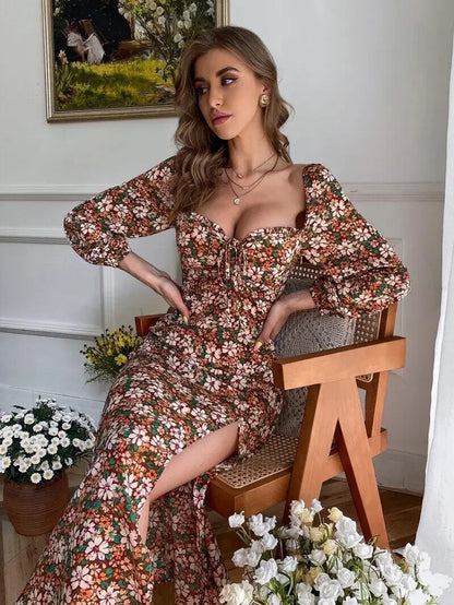 Allover Floral Sweetheart Neck Split Thigh Dress Summer Women Dress Backless Zipper Long Sleeve Beach Wear Dress