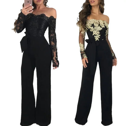 Appliques Lace Patchwork Jumpsuit Women Sexy Off Shoulder Slash Neck Long Sleeve Elegant Wide Leg Pants Jumpsuit Party Overalls