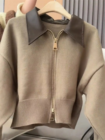 Pull en tricot à col en cuir épissé pour femme, cardigan à double fermeture éclair, doux, vintage, manches longues, streetwear, automne/hiver