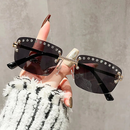 Rectangular Rimless Sunglasses For Women Men Designer Fashion Rhinestone Sun Glasses Outdoor Lunette De Soleil Femme