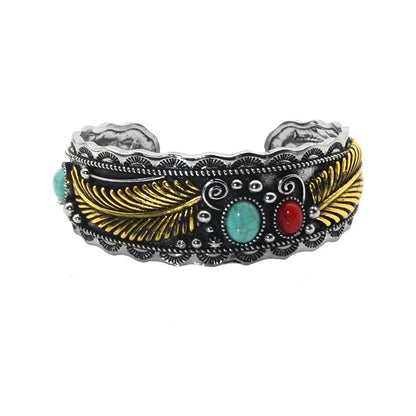 Bracelet en pierre naturelle ovale verte de style Navajo ethnique pour hommes, bracelet rétro en feuille bicolore, accessoires de bijoux de personnalité