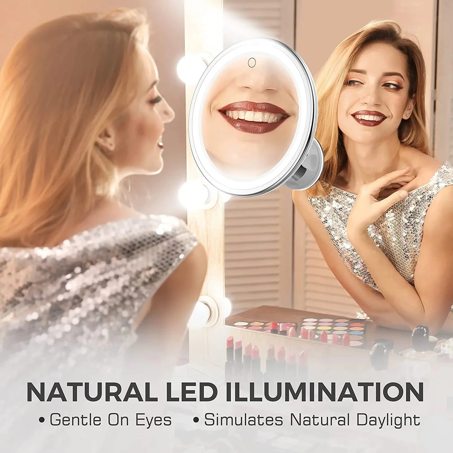 Flexible 10x Magnifying Vanity Mirror with Lights Touch Screen Lighting Dressing Makeup Lamp Bottom Sucker Portable Design LED