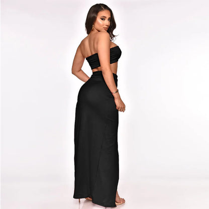 Women Two Piece Set Solid Color Breast Wrap Top and Irregular Slit Long Skirt Suit Lady Streetwear Mini Skirt Club Party Outfits