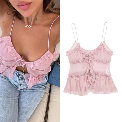 ONKOGENE Cami Top Frauen Sommer Schwarz Rosa Leibchen 2023 Frau Ärmelloses Off schulter Rüschen Sehen durch Crop top Sexys tanks camis