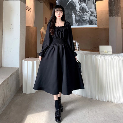 Women Black Folds Elegant Long Dress Retro Loose Sweet Square Collar Female Dress Spring Autumn All Match Casual Ladies Vestidos