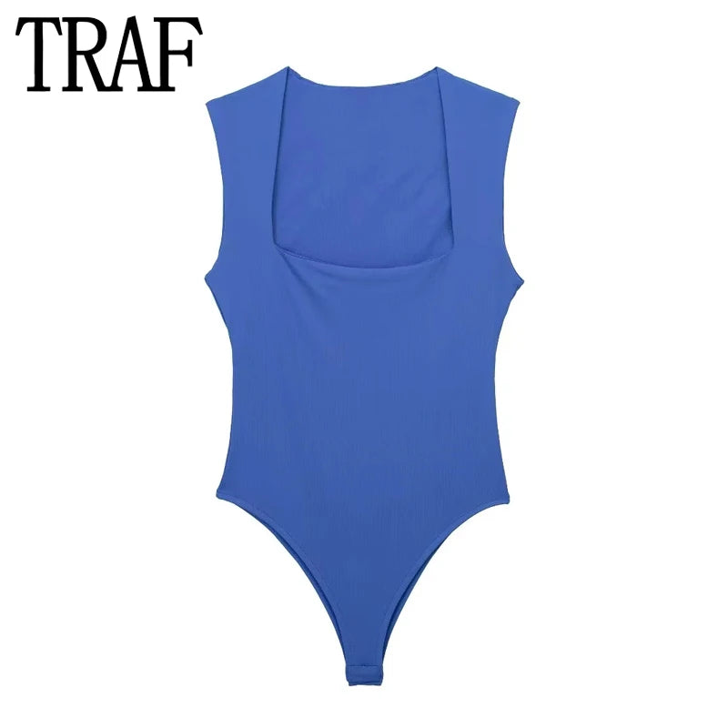 ONKOGENE 2024 Schwarz Frau Body Square Neck Ärmelloses Bodysuit Frauen Blau Weiß Sexy Engen Body Dessous Bodycon Sommer Tops