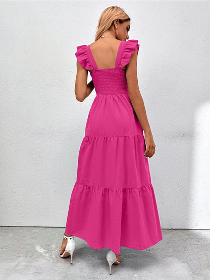 Summer Long Dress Women Sleeveless Elegant Party Dress Ladies Beach Square Neck Ruched Maxi Dresses For Women