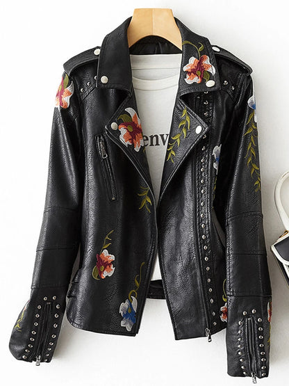 FTLZZ Neue Damen Retro Blumendruck Stickerei Kunstlederjacke Mantel Umlegekragen Pu Moto Biker Schwarz Punk Oberbekleidung