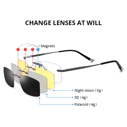 FONEX Titan-Brillenrahmen für Herren, quadratisch, Magnetclip, randlose Brille mit 3D- und polarisierten Gläsern und Nachtsichtgläsern F85761