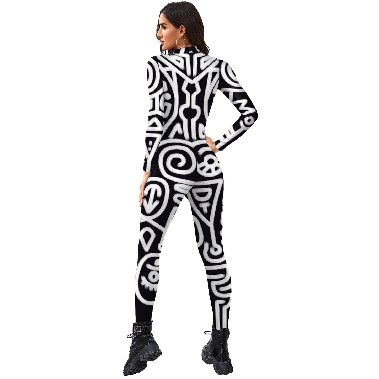 FCCEXIO Geometry Print Holiday Party Bodysuit Women Jumpsuit Carnival Party Stretch Casual Wear Cosplay Costume Sexy Jumpsuit