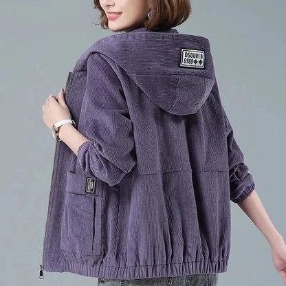 Corduroy Short Coat 5XL Women's 2024 Spring Autumn New Korean Loose Solid Hooded Jacket Fashion Casual Female Zipper Coat Tops