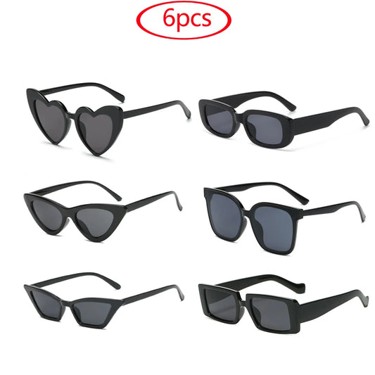 6pcs Cycling Black Small Sunglasses Men Fashion Trendy Vintage Popular Punk Square Frame Rectangle Cat Eye Sun Glasses UV400