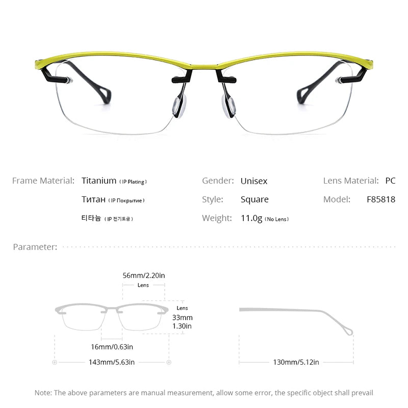 Lunettes en titane pur FONEX pour hommes et femmes, nouvelles lunettes carrées semi-cerclées, demi-montures, 2024, F85818