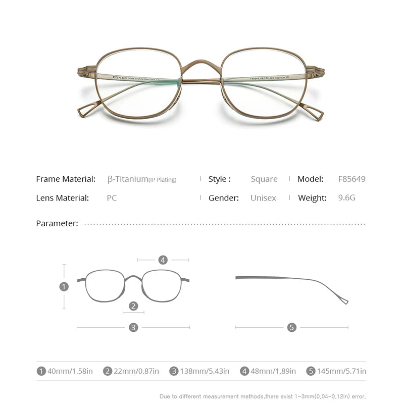 FONEX Lunettes en titane pur pour hommes et femmes, monture carrée rétro, nouvelle collection 2021, lunettes vintage F85649