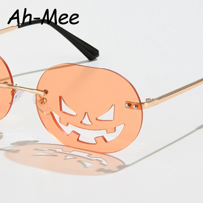 Randlose Kürbisform Halloween Sonnenbrille Frauen Männer Oval Legierung Rahmen Sonnenbrille Weibliche Kürbis Punk Brille Oculos