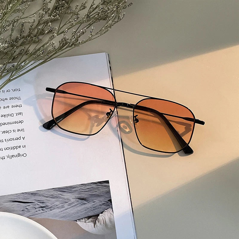 SHAUNA Retro Doppelsteg Sonnenbrille mit Metallrahmen Damenmode Klare Ozeangläser UV400 Herren Trendy Quadratische Sonnenbrille