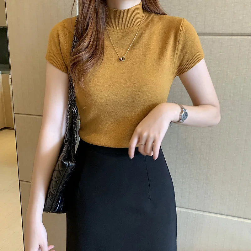 Spring Summer Women Knitted T-Shirts Short Sleeve Shirts Tops Female Elastic Slim Casual Knit Tee Crop Tops Women's T-Shirts