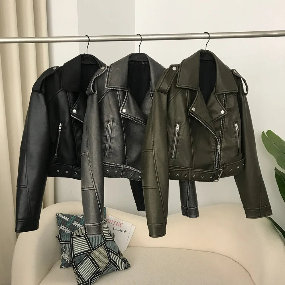 Nouvelle veste de printemps en similicuir pour femme, chic, vintage, streetwear américain, revers court, fermeture éclair, ceinture, manteaux de motard, mode streetwear