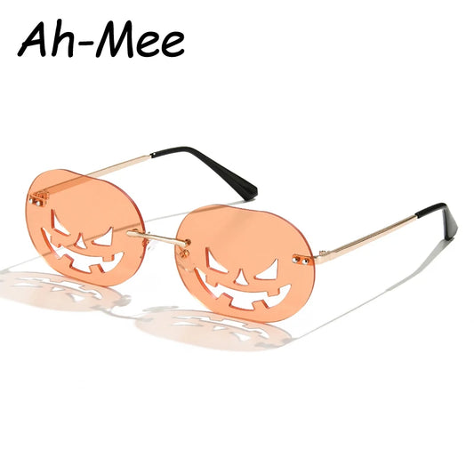 Randlose Kürbisform Halloween Sonnenbrille Frauen Männer Oval Legierung Rahmen Sonnenbrille Weibliche Kürbis Punk Brille Oculos