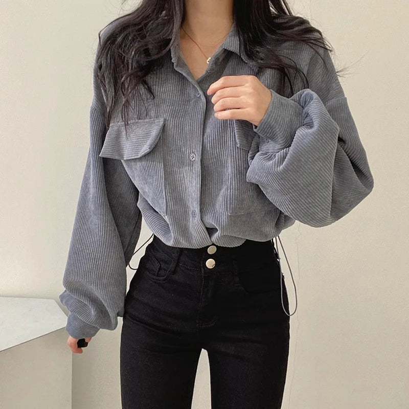 Corduroy Women Casual Shirts Autumn Korean Retro Pockets Female Blouse Bandage All Match Long Sleeve Ladies Ladies Crop Tops