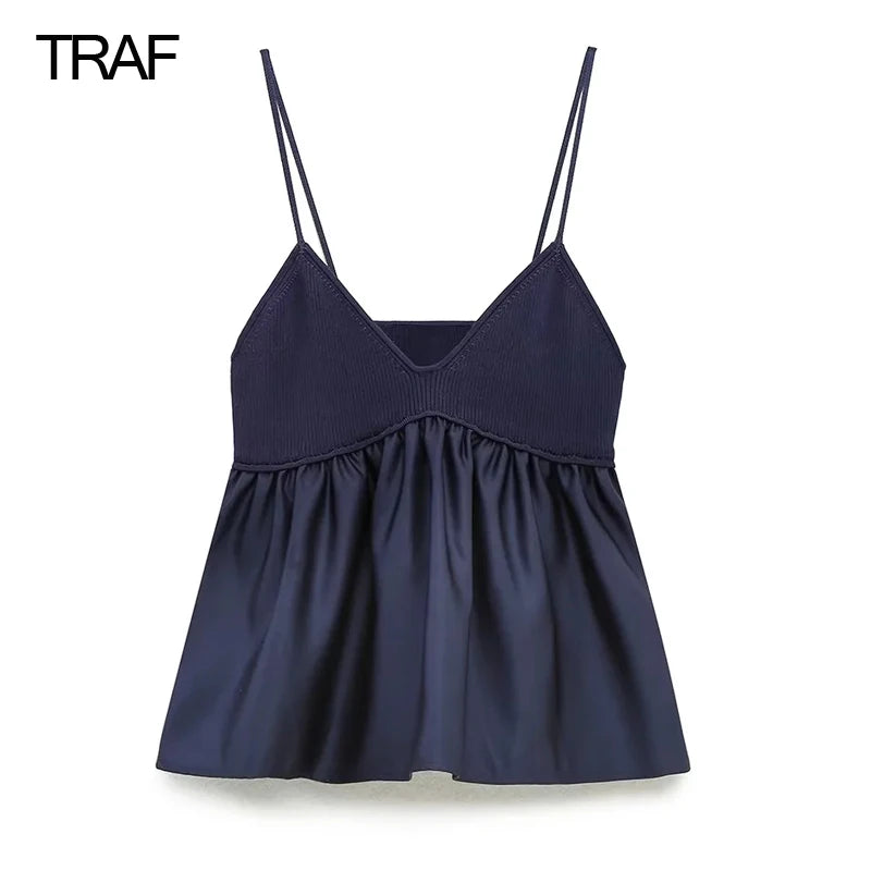 TRAF Blaues Crop Top für Damen mit Rüschen, gestricktes Camis-Top, schulterfreies Korsett-Top, weibliche Streetwear, rückenfreies Damen-Tube-Top